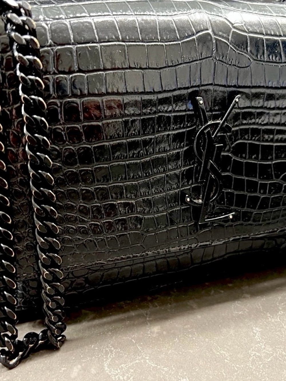 Saint Laurent Black Leather Croc-Embossed Monogram Chain Crossbody Bag